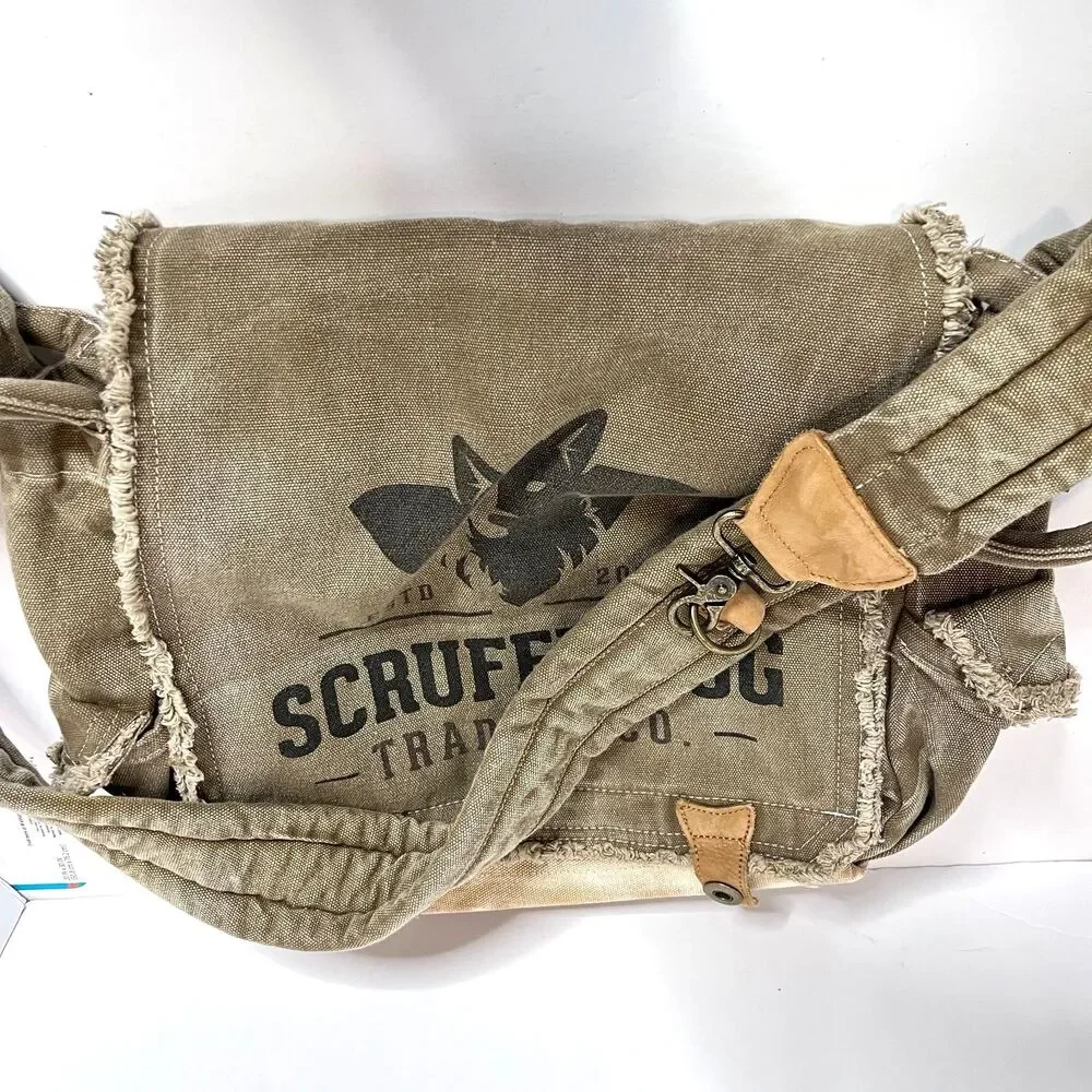 Scruffy Dog Trading Co Vtg Messenger Khaki Canvas Tan Leather Shoulder Bag